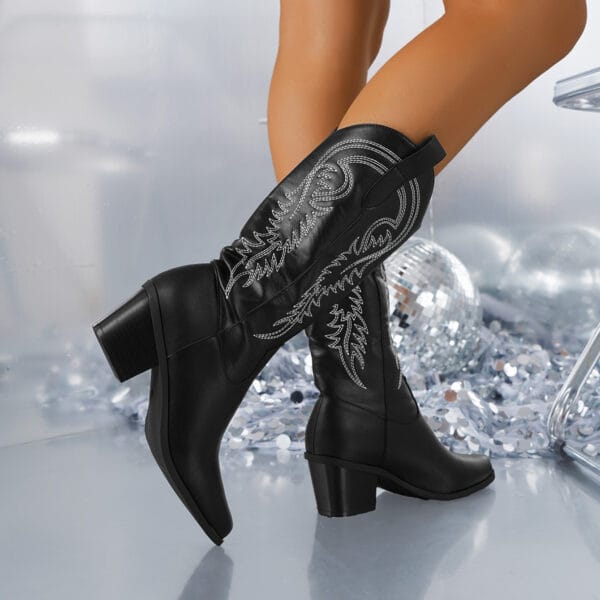 White Knight Boots Fashion Embroidered Pointed Toe Square Heel Mid-calf Western Boots Women Autumn Winter Shoes - Image 6