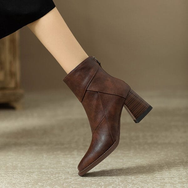 Women's Chunky Heel Boots Brown British Style Retro - Image 4