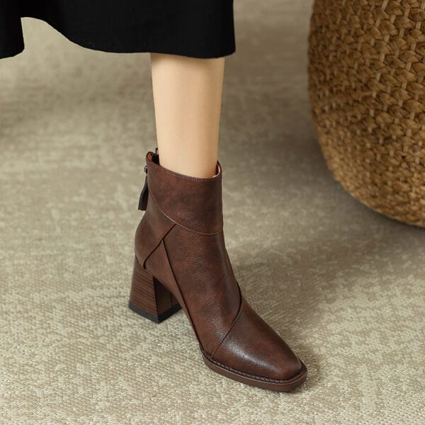Women's Chunky Heel Boots Brown British Style Retro - Image 7