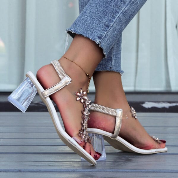 Fashion Flowers Sandals With Transparent High Square Heels Summer Square Toe Shoes For Women - Image 2